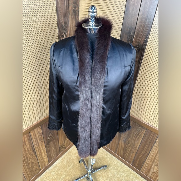 BEAUTIFUL VINTAGE DARK BROWN CORDED CORDUROY MINK & FOX COLLAR FUR COAT JACKET M - Picture 7 of 10